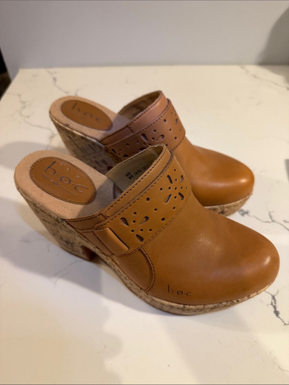 b.o.c. Cognac Leather Perforated Cork Wedge Mules